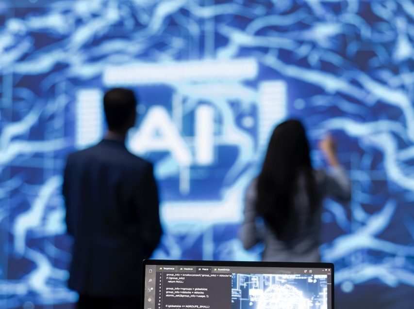 Focus on complex AI brain models being analyzed on laptop by developers